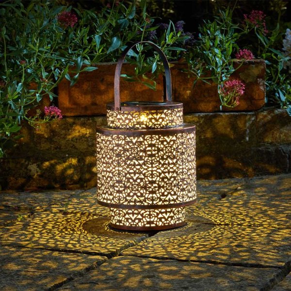 Tangier Solar Powered LED Copper Lantern- with Silhouette Mosaic Shadow effect