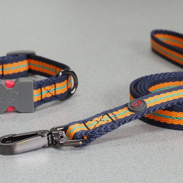 WalkAbout Dog Lead - Oxford Navy Blue, Orange & Green Design