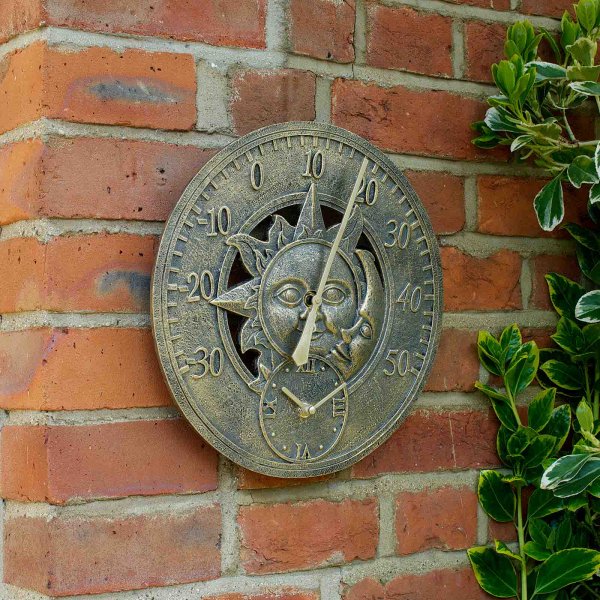 Sun & Moon Wall Thermometer & Clock 12in